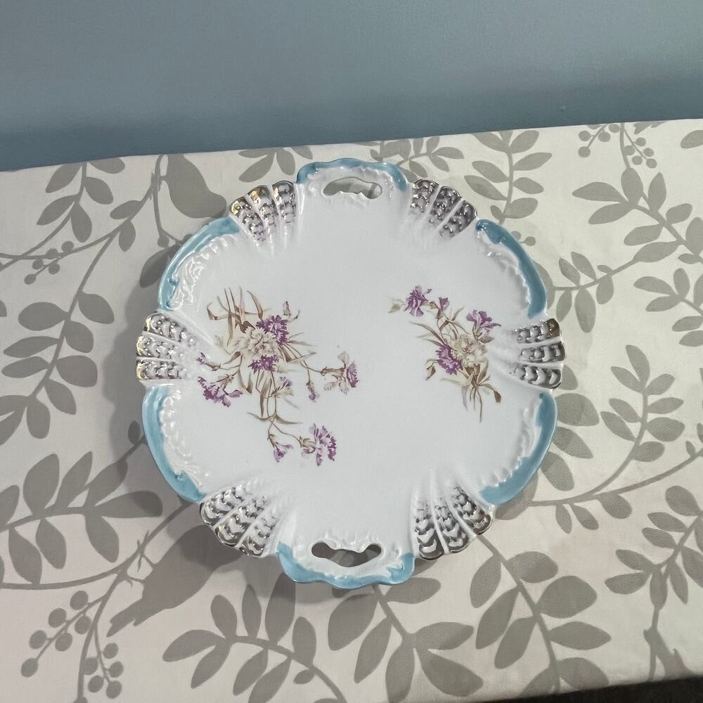 Antique Weimar Germany Reticulated Handled Serving Plate Tray Aqua Blue Floral